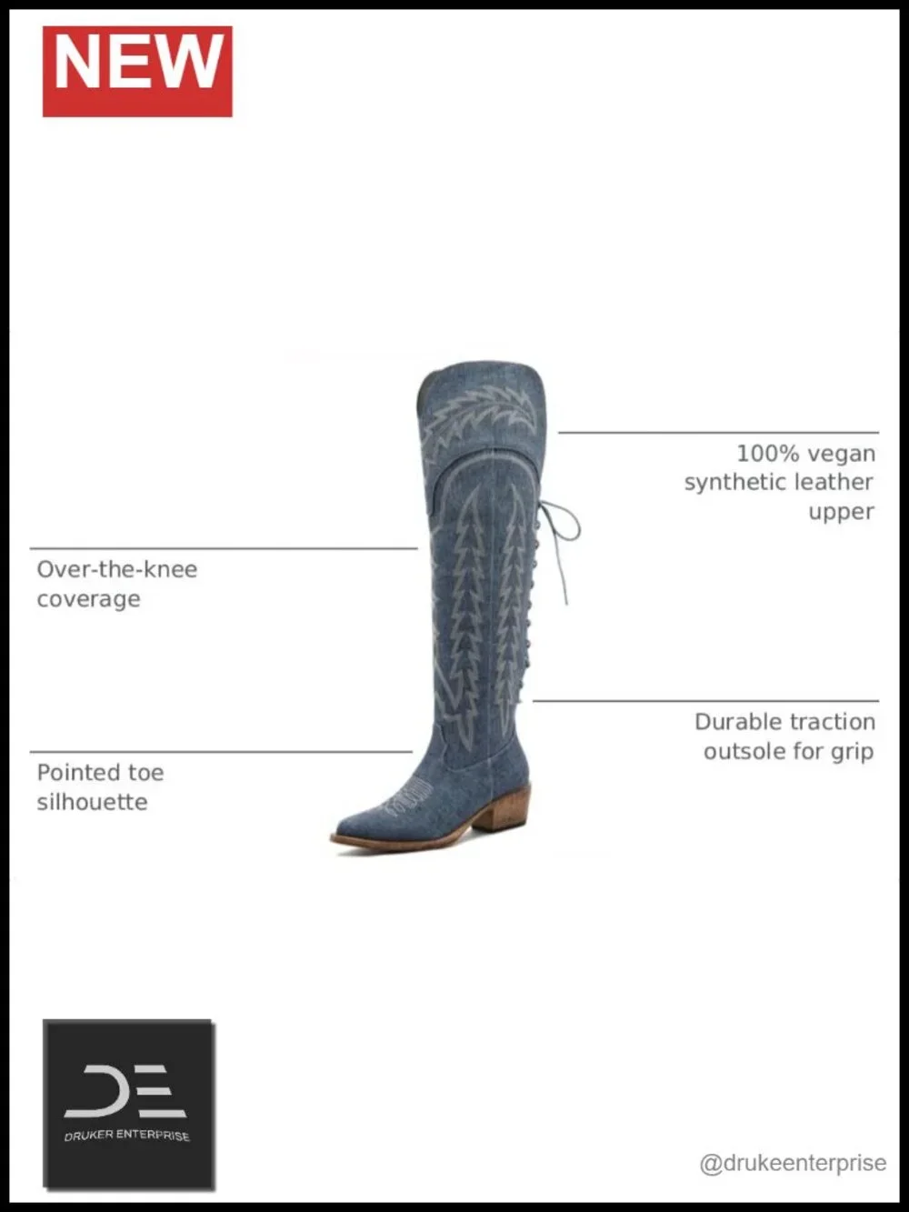 Women's Over Knee Thigh High Cowgirl Boots Low Heel Pointed Toe Faux Leather